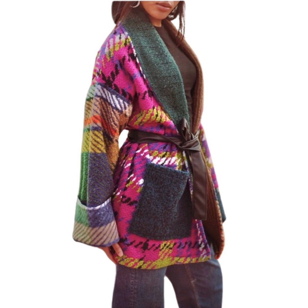 Dreams in wool jacket - Colorful Patchwork Belted Cardigan NWOT